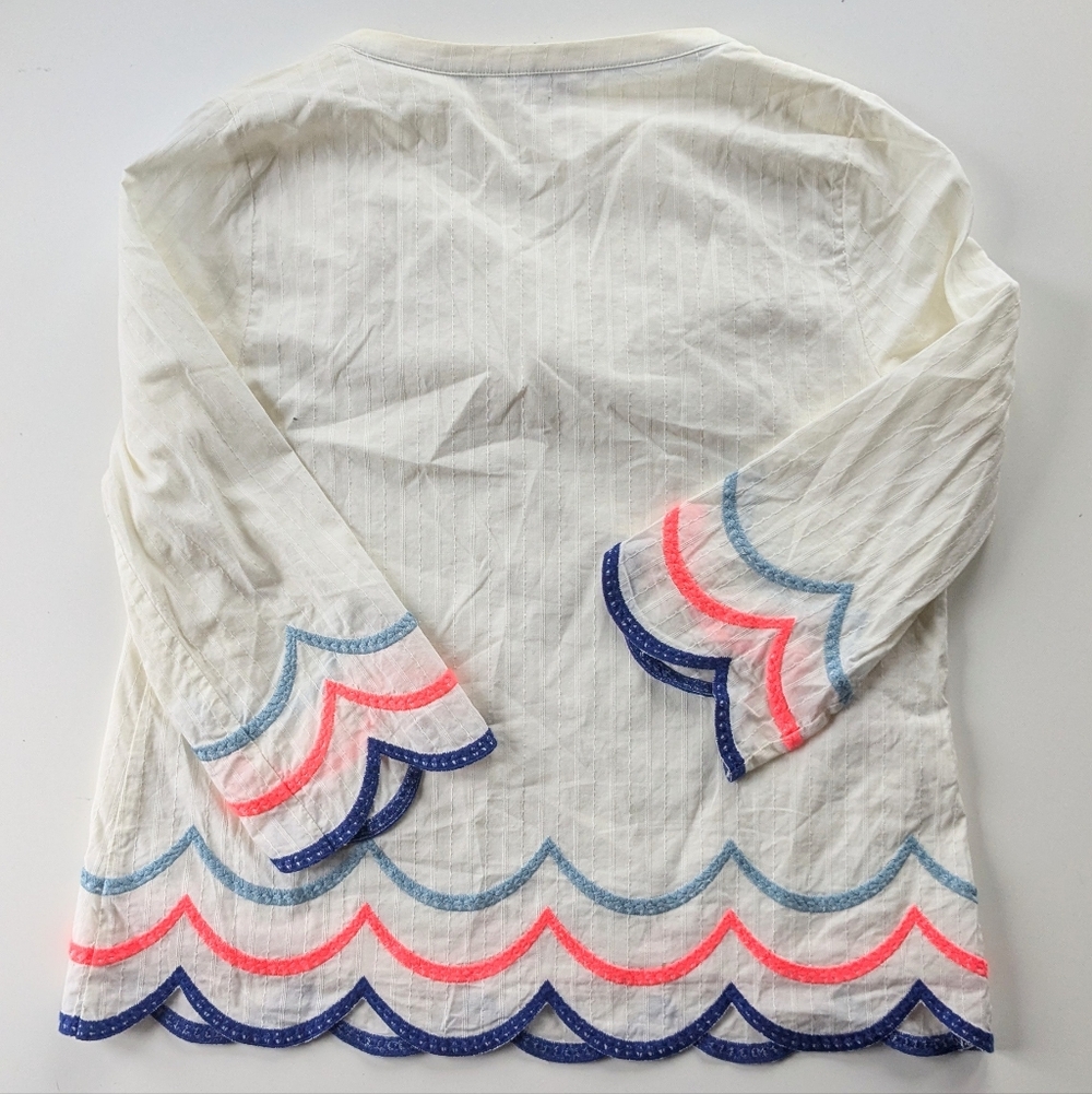 BODEN Willa Embroidered Peasant Top Scallops Tassel Ties Blouse Beach Size 6 Exc - Picture 4 of 4